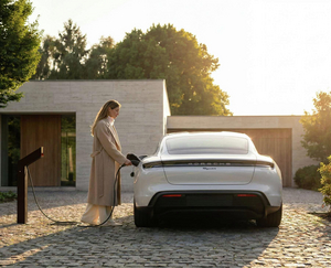 Vrouw laadt haar witte wagen op via een Sotto Terra laadpunt op een kasseien oprit bij een moderne woning
