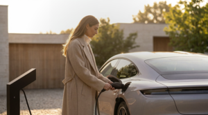 Vrouw in beige jas laadt haar zilveren wagen op via een Sotto Terra laadpunt bij zonsondergang