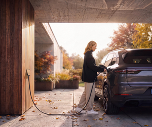 Vrouw laadt haar wagen op via een Sotto Murra Integrated laadpunt in een houten carportwand in de herfst
